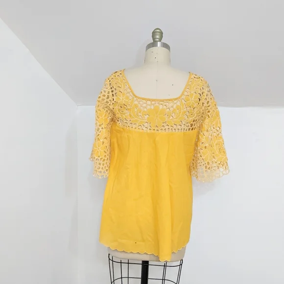 (30) vtg 1960s era ultra boho hippie yellow eyelet embroidered bell sleeve blous - Picture 2 of 3